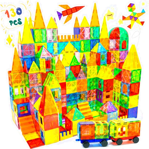 EchoPlan 130 PCS Magnetic Tiles,Magnetic Building Blocks with 2 Cars,Magnet Tiles 3D Clear Construction STEM Preschool Sensory Educational Toys Set for Kids Toddlers Boys 3 4 5 6 7 8 9+ Year Old