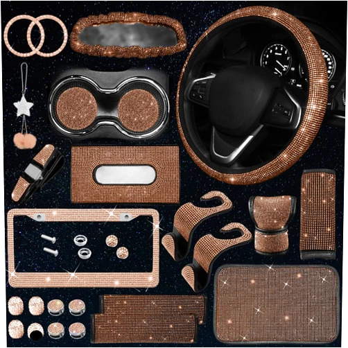 JINGSEN 25PCS Bling Car Parts Set, Car Parts Set Female Plug Universal 15 Inch, Shiny License Plate Frame, Center Console Cover and Rearview Mirror Set and Other Car Accessories(Champ)