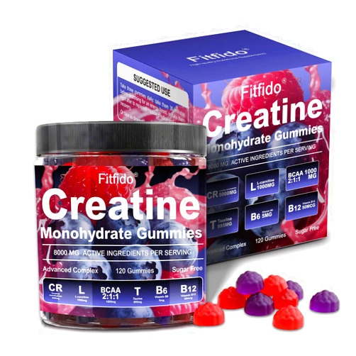 Fitfido Creatine Monohydrate Gummies Complex 8000mg for Men and Women, Containing L-carnitine & Taurine, Build Muscle, Boost Energy, Faster Recovery, Sugar Free & Vegan, Raspberry & Blackberry, 120 Count