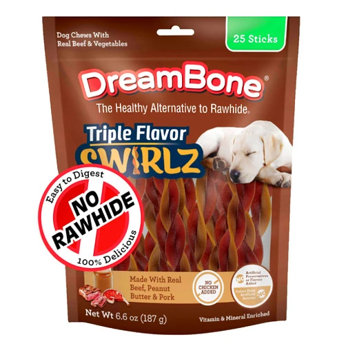 Dreambone Triple Flavor Swirlz No Chicken Added for Dogs, 25 Count, Treat Your Dog to Easy-to-Digest Rawhide-Free Chews Made with Real Beef, Peanut Butter and Pork