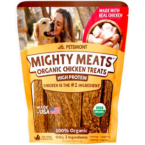 Petsmont Mighty Meats - Organic Chicken Jerky Dog Treats Limited Ingredient All Natural, Preservative Free, No Filler Chicken Treats for Dogs High Protein 2 Ingredient Dog Snacks Made in the USA - 5oz