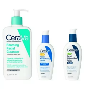 CeraVe Daily Skincare Facial Bundle - CeraVe Foaming Facial Cleanser (12 oz), AM CeraVe Facial Moisturizing Lotion with Sunscreen (2 oz), and PM Facial Moisturizing Lotion (2 oz)
