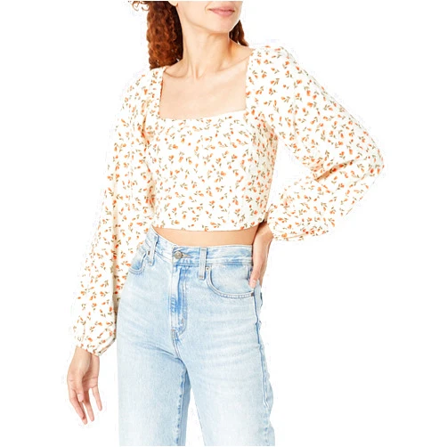 BCBGeneration Women's Fitted Long Puff Sleeve Top Bustier Style Sweetheart Neck Smocked Shirt