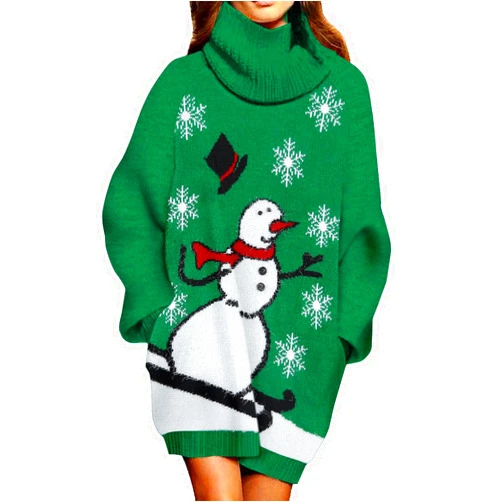 Pink Queen Women Turtleneck Loose Print Christmas Long Sweater Dresses with Pocket