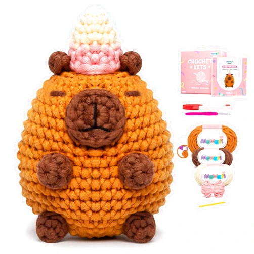 Mewaii Crochet Kit for Beginners Level 1 with 40% Extra Eco-Friendly Pre-Started Easy Yarn, Step-by-Step Video Tutorials for Adults and Kids (Happybara)