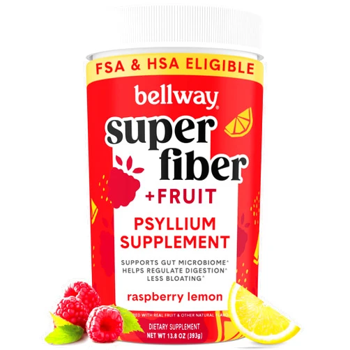 Bellway Super Fiber Powder + Fruit, Sugar Free Organic Psyllium Husk Powder Fiber Supplement for Regularity, Bloating Relief & Gut Health, Non-GMO, Plant-Based, Raspberry Lemon (50 Servings)