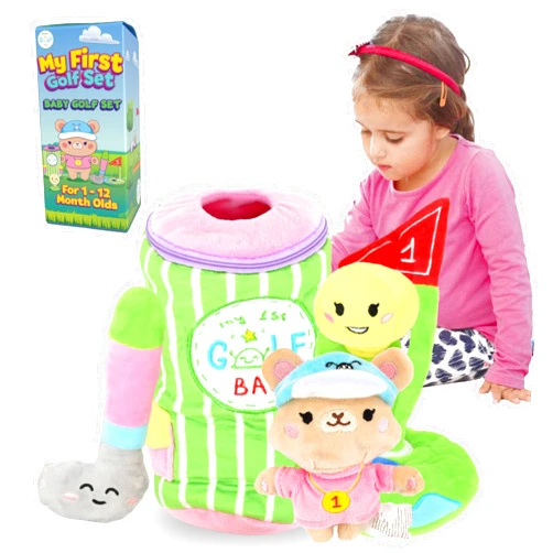 Skywin My First Golf Bag Playset, 6 ct Developmental and Sensory Set with Plush Golf Club, Ball, Mug, Goal, Teddy Bear and Bracket