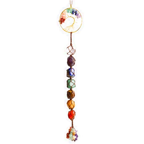 LERSUSI Tree of Life Chakra Stones Hanging Ornaments Car Rear View Mirrors Decor Healing Crystal Accessories for Home Decor Geomantic Omen 7 Chakra Meditation (Brown)
