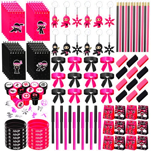 Dispowreath 108 Pcs Pink Ninja Party Favors Include Notepads Key Chains Sticker Stamps Bracelets Ninja Paper Bags Headbands Color Pens Pencils Erasers for Girls Warrior Birthday Party