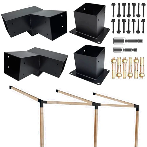ITeVe.GD 15° Slanted Roof Pergola Brackets Kit,3-Way Right Angled Corner Bracket with Wall Mount Post Base for 4x4 (Actual:3.5