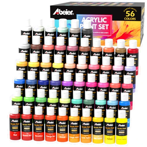 ABEIER Acrylic Paint Set, 56 Colors (2oz/60ml), Matte Finish, Waterproof, Rich Pigments, Non-Toxic Paints for Painting on Canvas Crafts Wood Ceramic, Fabric Ideal for Beginners and Students