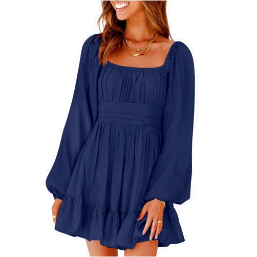 EVALESS Long Lantern Sleeve Dresses for Women 2023 Fashion Tie Back Square Neck Summer Elegant Mini Dress