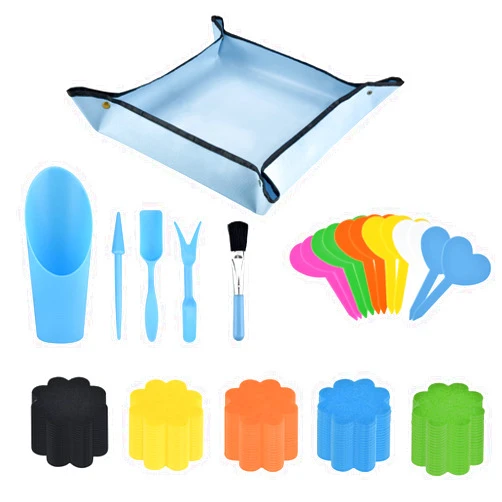 HUIYAR 18 Pcs Mini Transplanting Tools Set, Garden Shovel Hand Tools with 100 PCS Bonsai Pot Bottom Pads for Planters to Keep Away Soil Loss, Foldable Double-Sided Repotting Mat, Mini Fairy Garden Plant Care