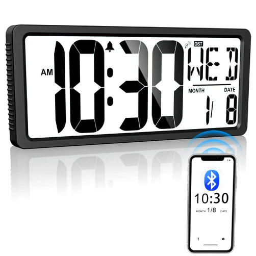 Xflyee Backlight Digital Wall Clock Battery Operated with Bluetooth Time Sync/No Setup Required, 15'' Large Digital Wall Clock with Day, Date & Temperature, Large Digital Clock for Bedroom, Office