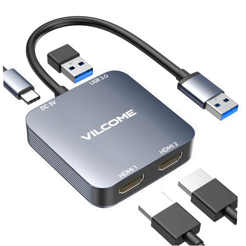 vilcome USB to HDMI Adapter, USB 3.0 to Dual HDMI Adapter with USB 3.0 Port, HDMI to USB Audio Video Graphics Converter Cable for Laptop Monitor Desktop TV, Compatible with Mac OS, Windows