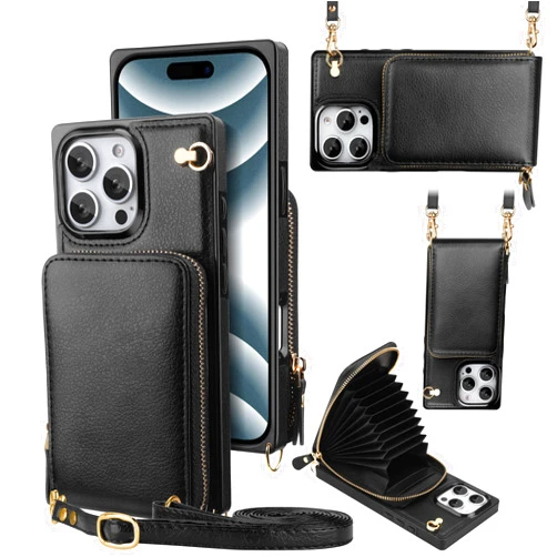 JAKPAK for iPhone 16 Pro Max Case with Card Holder for Phone Wallet Case Crossbody Zipper with Card Slots and Lanyard for iPhone 16 Pro Max 6.9 inch-Black