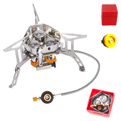 Generic Moose Rocket Stove, Outdoor Portable Double-Layer Windproof Three-Burner Stove, Suitable for Mountaineering and Camping Equipment, Equipped with Storage Box and Conversion Connector (Silver 1.0)