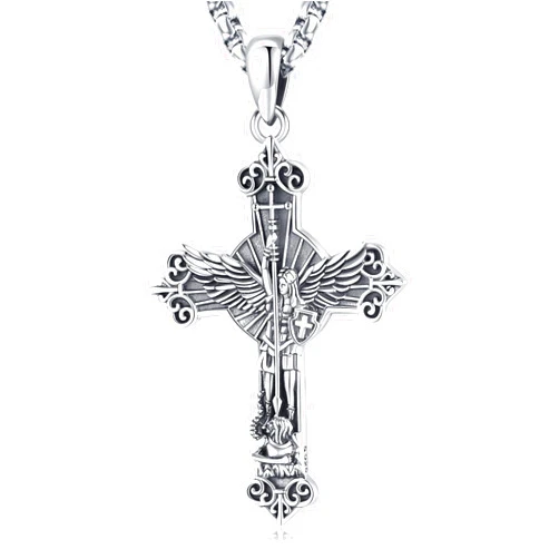 LOOVE Sterling Silver St Michael Necklace for Men Archangel Saint Michael Cross Pendant Protection Jewelry