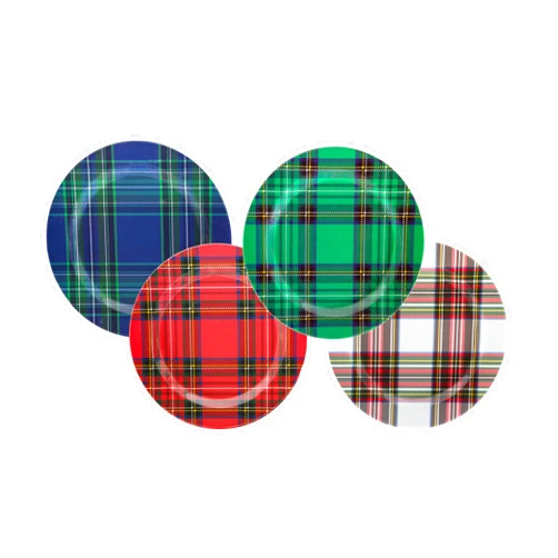 C.R. Gibson Holiday Plate Set for Dinners and Parties, Plaid, Reusable, Melamine, 4 Count, 9