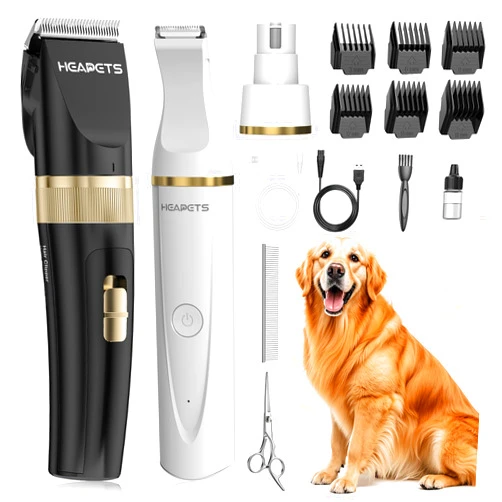 HEAPETS Dog Hair Clippers for Grooming Kit and Dog Paw Trimmer Nail Grinder for Grooming, Low Noise Rechargeable Cordless, Shaver Grooming Supplies for Pet Cats Dogs (Black, White)