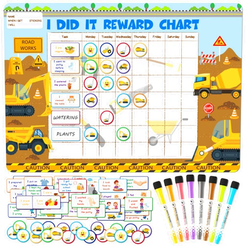 WATINC 145Pcs Construction Magnetic Behavior Chart Set， Road Work Theme Motivate Responsibility Potty Training Good Habits Reward Chart for Kids, Chore Tasks Chart for Toddler School Home Fridge