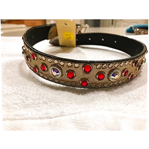 Woofwear Dog Collar Leather - Color - Champagne Metallic Red & Clear Swarovski Crystals- Handmade in The USA- (Size 12 Inch) Durable Safe Strong Easy Fit Adjustable