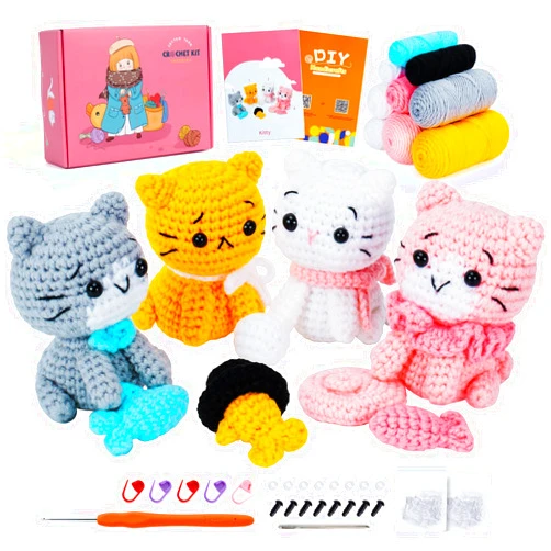 Fortuning's JDS Crochet Kit for Beginners - Cat Crochet Kit with Step-by-Step Video Tutorials, Learn to Crochet Kits for Adults, 4 PCS Crochet Animals Cat with Hat, Toy, Fish Crocheting Set