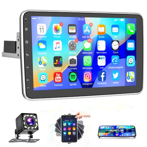 Podofo Android Single Din Car Stereo 10 inch HD Vertical Rotatable IPS Touch Screen in Dash GPS Head Unit with Bluetooth and Backup Camera,Podofo Car Radio Support WiFi Subwoofer Mirror Link