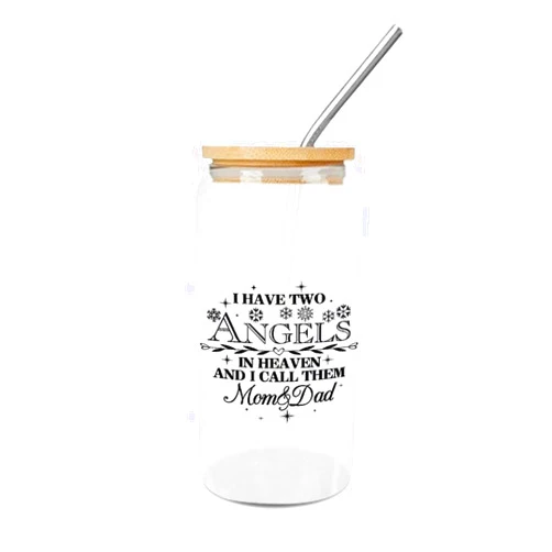 Luckluccy I Have Two Angels In Heaven And I Call Them Mom And Dad Glass Cup Clear Glass Cups with Lids And Straws Saying Quote Smoothie Cup for Juice Coffee Soda Drinks 16OZ