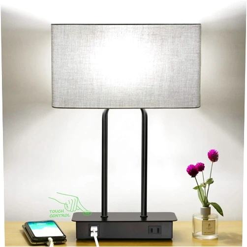 Lakumu Bedside Touch Control Table Lamp with Dual USB Charging Ports 1 AC Outlet, 3 Way Dimmable Modern Nightstand Lamp with Grey Fabric Shade, Desk Lamp for Bedroom Living Room Office with 5000K LED Bulb