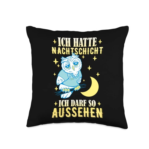 Nachtschicht Sprüche für Schichtarbeiter Geschenk Layer Shift Service Night Coffee Owl Women Throw Pillow, 16x16, Multicolor