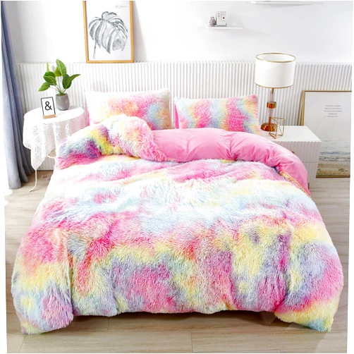 RYNGHIPY 3Pcs Rainbow Girls Bedding Sets Queen Size Ultra Soft Long Hair Plush Shaggy Duvet Cover with Pillowcases Colorful Tie Dye Bedding Set with Hidden Zipper Closure (Colorful Pink,Queen)