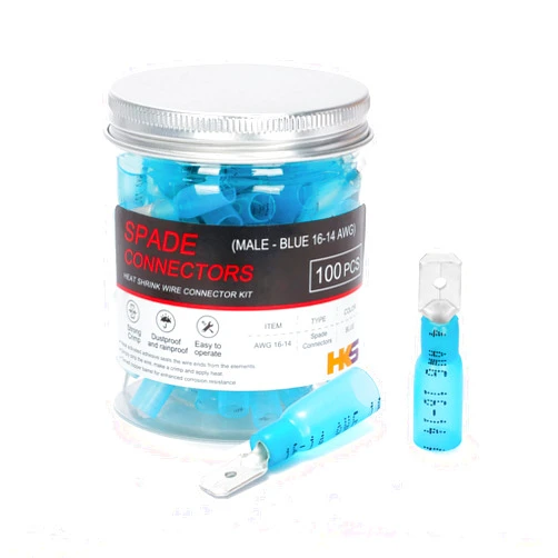 HKS 100PCS Male Spade Connector Blue 16-14 AWG - Heat Shrink Electrical Quick Disconnect Wire Connectors Kit - Tinned Red Copper - Automotive Marine Crimp Connectors - Waterproof and Insulated