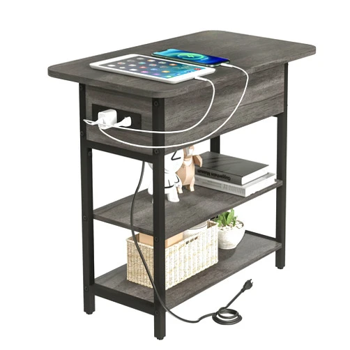Yoobure End Table with Charging Station, Flip Top Side Table with USB Ports and Outlets, Sofa Couch Table Bedside Table for Living Room Bedroom, Narrow Nightstand with Storage Shelves for Small Space