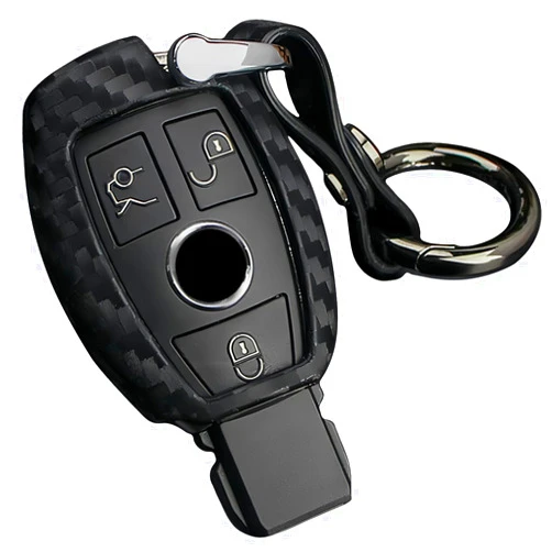 M.JVisun Soft Silicone Rubber Carbon Fiber Texture Car Key Fob Case Cover For Mercedes-Benz A Class B C E S G M V Class CLA CLS GLA GLC GLE GLK GL GLS SL SLK SLC Viano For Metris -Black-Round Keychain