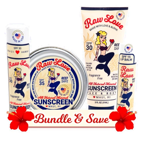 Raw Love Sunscreen Raw Love Reef Safe Sunscreen Travel Set | 3oz Lotion + 2oz Tin + Sunscreen Stick + Lip Balm | Hawaii Approved Sunscreen | Zinc Oxide Biodegradable Sunscreen, Water Resistant, Made in Hawaii