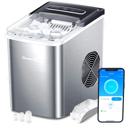 GoveeLife Smart Ice Makers Countertop, Portable Ice Machine with Voice Remote, Self Cleaning & Scoop, 6 Mins 9 Bullet Ice 3 Sizes, 26lbs/Day, Quiet Ice Maker for Home Kitchen Office, Stainless Silver