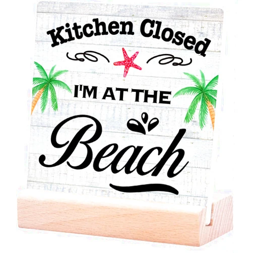 Polilike Kitchen Closed I'm at The Beach Table Sign Decor Rustic Beach House Ceramic Table Sign Plaque Desk Decor Block Plaque for Wall Tabletop Desk Home Kitchen Decoration Gifts for Birthday