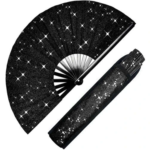 Prario Glitter Large Rave Folding Clack Hand Fan with Holster for Men Women Handheld Fan for Festivals,Halloween,Rainbow Outfits,Disco Party,EDM,Burlesque,Drag Queen for Rave Accessories