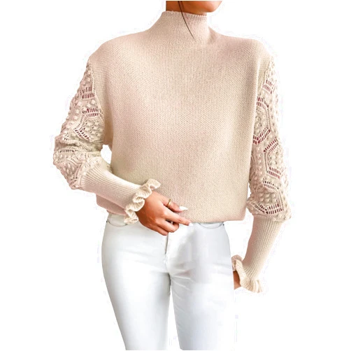SweatyRocks Women's Mock Neck Long Flare Sleeve Sweater Crochet Hollow Out Pullover Sweater Top