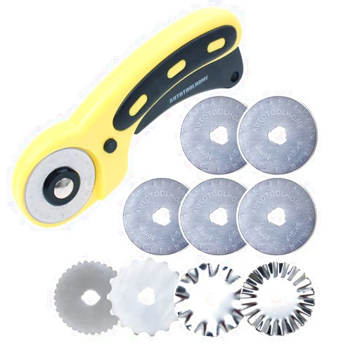 AUTOTOOLHOME 45mm Rotary Cutter Set with 9 Pack Replacement Rotary Blades Skip Rotary Blades Pinking Rotary Blades for Sewing Fabric Leather Quilting Cutter Paper Perforating Tool
