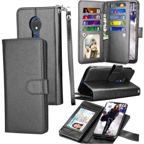 Tekcoo Wallet Case for Moto G7 Play/T-Mobile Revvlry/Motorola Moto G7 Optimo (XT1952DL), Luxury Credit Card Slots Holder Carrying Folio Flip PU Leather [Detachable Magnetic Hard Cover] Black