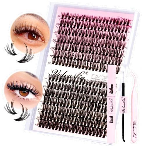 Veleasha DIY Lash Extension Kit Individual Lashes 280PCS Cluster Eyelash Extensions Kit with Lash Bond and Seal Waterproof Cluster Lashes for Beginners DIY Lash Clusters at Home(30D+40D,9-16MIX Kit)