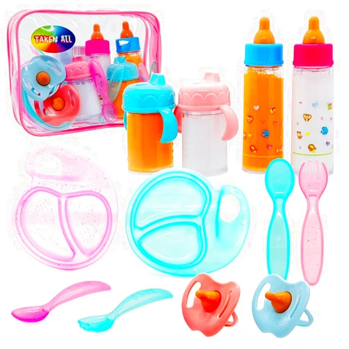 Taken All Baby Doll Accessories Magic Bottle set Magic Disappearing Milk Juice Bottles Sippy Cups with Pacifiers Bowl Spoons, Doll Bottle Toys Feeding Pretend Playset for Kids Girls Ages 3+ (Middle set(12pcs))