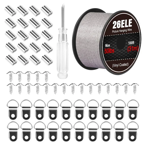 26ELE Picture Hanging Kit, Including Picture Hanging Wire(100 feet) Supports Up to 50lbs, D Ring Picture Hangers and Screws(20pcs Each), 20Pcs Aluminum Crimping Sleeves and 1 Screwdriver