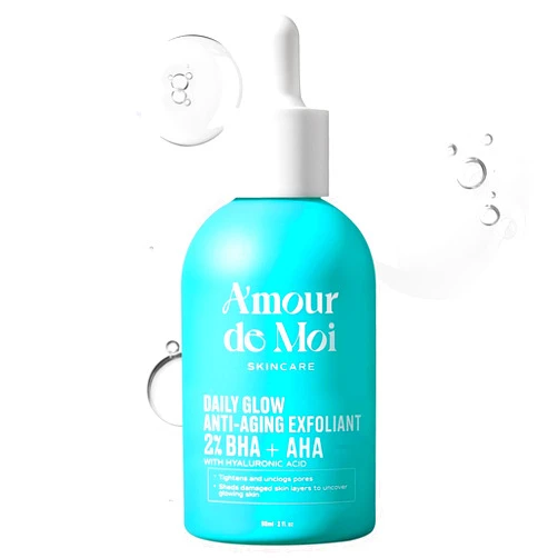 Amour De Moi 2% BHA AHA Liquid Salicylic Acid Exfoliant - Gentle Peel, Pore Minimizer, Face Exfoliator for blackheads, wrinkles with Hyaluronic acid - Fragrance-Free Hydrating for All Skin Types, 2oz