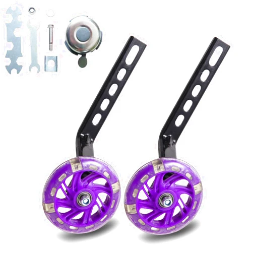 MEkuk Training Wheels for bike, Compatibel for bikes of 12 14 16 18 20 inch, flash mute wheel with stabilizers Mounted for Boys Girls Safe Riding, 1 pair (purple)