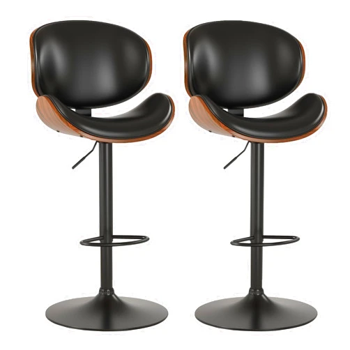 KCC Bar Stools Set of 2, Swivel Adjustable Height Barstools, PU Leather Upholstered Bar Chairs with Footrest, Bentwood Bar Stool for Kitchen, Bar, Dining Room(Black PU)