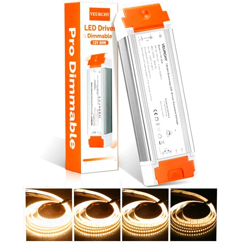 VEURCHY Dimmable LED Driver 12V DC 60W Triac Constant Transformer 120V AC to 12 Volt DC Input/Output Isolation Protection, 60 Watt LED Power Supply Lighting Low Voltage Transformer for LED Strip Light