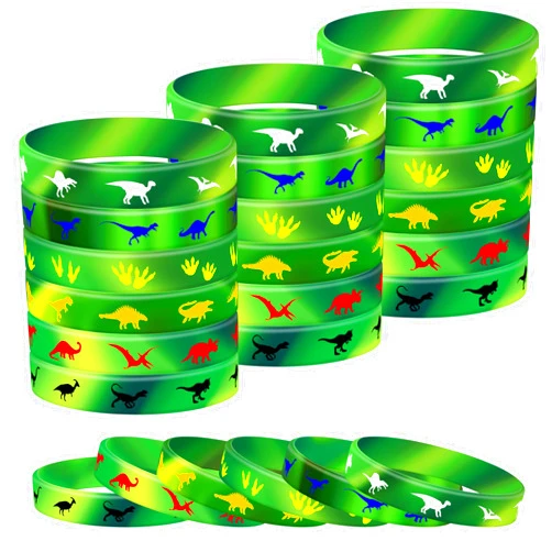 Lesnala 48 Pcs Dinosaurs silicone wristbands Rubber bracelet for kids Jurassic park birthday decorations for Themed party supplies Present bags stuffer 6 Styles